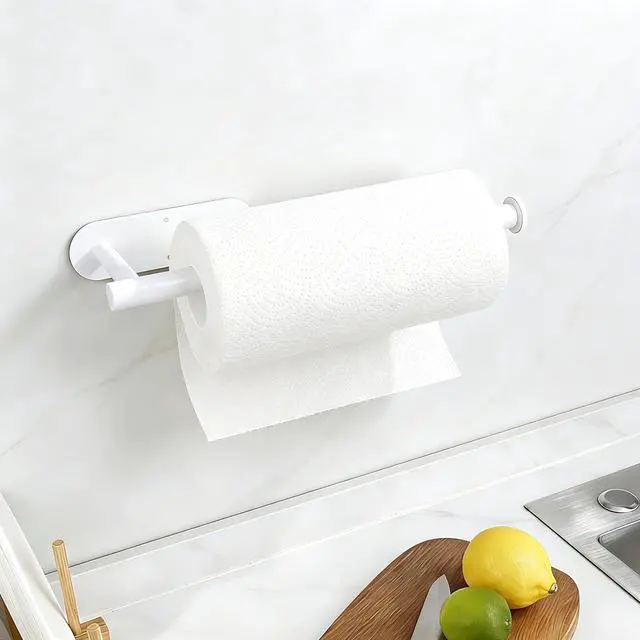 Alt view image 3 of 7 - White Paper Towel Holder - Self Adhesive or Drilling, Under Cabinet Paper Towel Holder for Kitchen, Adhesive Paper Towel Roll Rack for Bathroom Towel, SUS304 Stainless Steel