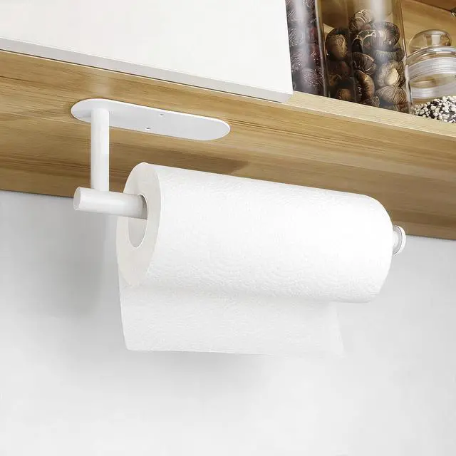 Alt view image 2 of 7 - White Paper Towel Holder - Self Adhesive or Drilling, Under Cabinet Paper Towel Holder for Kitchen, Adhesive Paper Towel Roll Rack for Bathroom Towel, SUS304 Stainless Steel