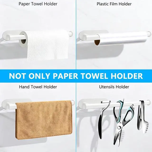Alt view image 6 of 7 - White Paper Towel Holder - Self Adhesive or Drilling, Under Cabinet Paper Towel Holder for Kitchen, Adhesive Paper Towel Roll Rack for Bathroom Towel, SUS304 Stainless Steel
