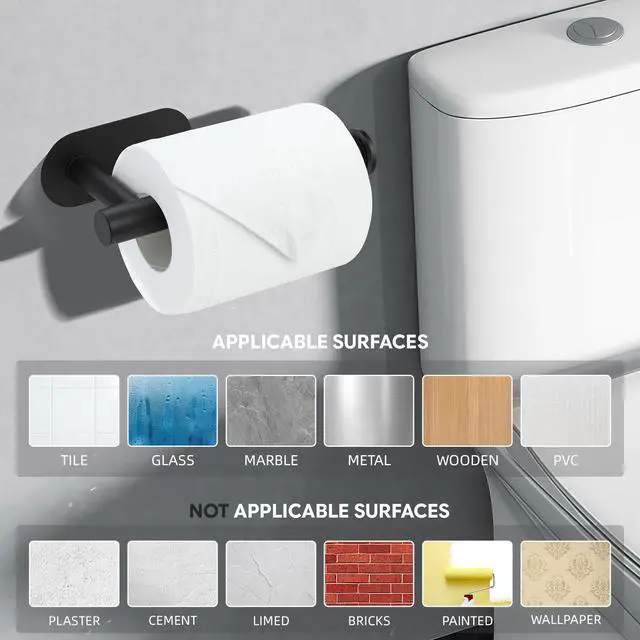 Alt view image 6 of 7 - Toilet Paper Holder, Adhesive Toilet Paper Holder Wall Mount, Premium Thicken SUS304 Stainless Steel, No Drilling Toilet Paper Stand Roll Holder for Bathroom Kitchen RV, Matte Black