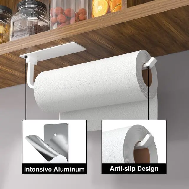 Alt view image 2 of 6 - Paper Towel Holder - Self-Adhesive or Drilling, White, Upgraded Aluminum Kitchen Roll Dispenser Under Cabinet, Lighter but Stronger Than Stainless Steel!