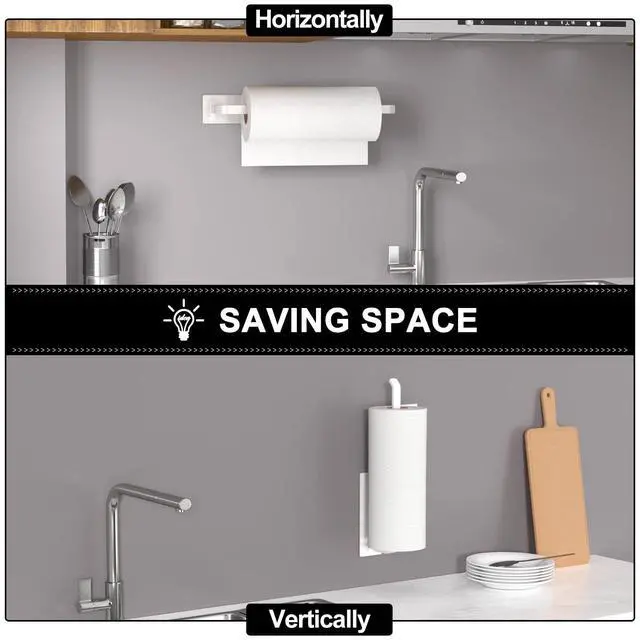 Alt view image 3 of 6 - Paper Towel Holder - Self-Adhesive or Drilling, White, Upgraded Aluminum Kitchen Roll Dispenser Under Cabinet, Lighter but Stronger Than Stainless Steel!