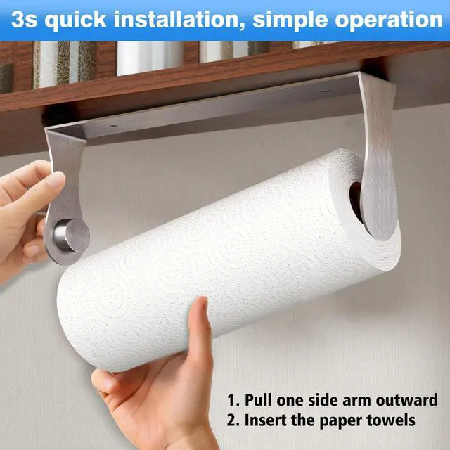 Alt view image 2 of 6 - Paper Towel Holder Under Cabinet, Stainless Steel, Adhesive or Screw Mount, Fits Standard & Mega Rolls, Wall Mount Rack for Kitchen, Bathroom, RV, Silver