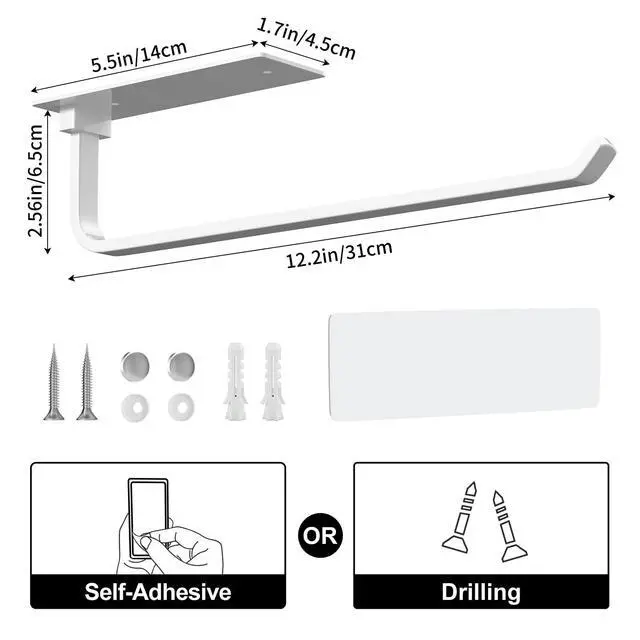 Alt view image 5 of 6 - Paper Towel Holder - Self-Adhesive or Drilling, White, Upgraded Aluminum Kitchen Roll Dispenser Under Cabinet, Lighter but Stronger Than Stainless Steel!
