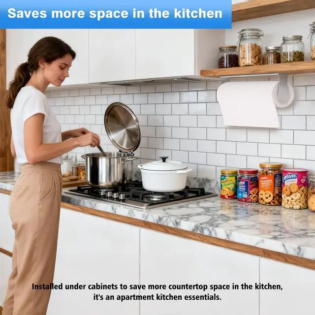 Alt view image 3 of 6 - Paper Towel Holder Under Cabinet, Stainless Steel, Adhesive or Screw Mount, Fits Standard & Mega Rolls, Wall Mount Rack for Kitchen, Bathroom, RV, Silver