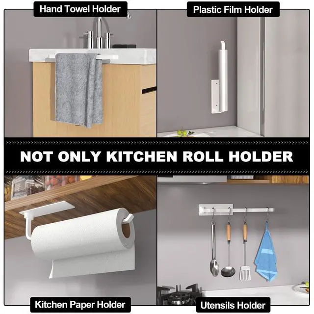 Alt view image 4 of 6 - Paper Towel Holder - Self-Adhesive or Drilling, White, Upgraded Aluminum Kitchen Roll Dispenser Under Cabinet, Lighter but Stronger Than Stainless Steel!
