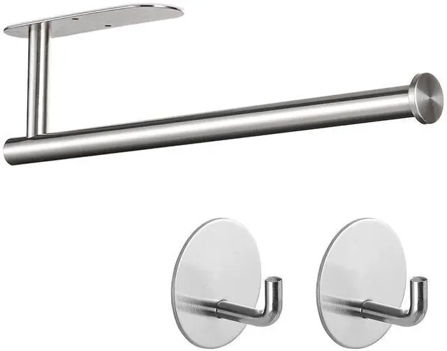 Main image of Paper Towel Holder with 2 Hooks-Under Cabinet Paper Towel Holder for Kitchen, Self-Adhesive or Screws, Space Saving Wall Mounted Kitchen Roll Holder, Bathroom, Stainless Steel Brushed Nickel