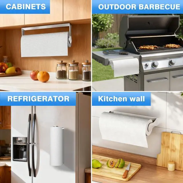 Alt view image 4 of 6 - Paper Towel Holder Under Cabinet, Stainless Steel, Adhesive or Screw Mount, Fits Standard & Mega Rolls, Wall Mount Rack for Kitchen, Bathroom, RV, Silver