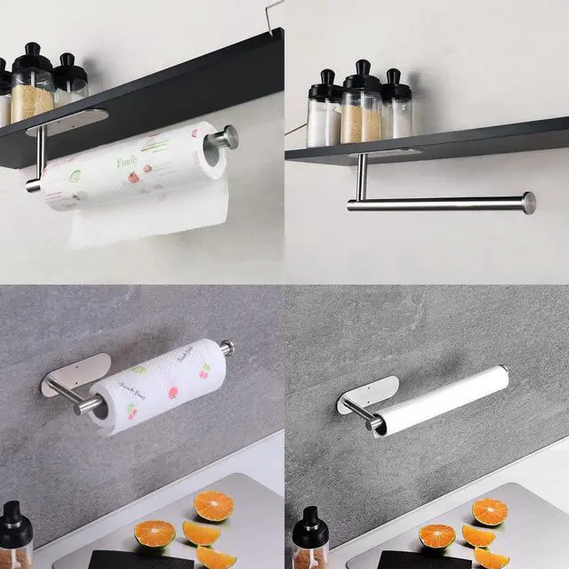 Alt view image 2 of 7 - Paper Towel Holder with 2 Hooks-Under Cabinet Paper Towel Holder for Kitchen, Self-Adhesive or Screws, Space Saving Wall Mounted Kitchen Roll Holder, Bathroom, Stainless Steel Brushed Nickel
