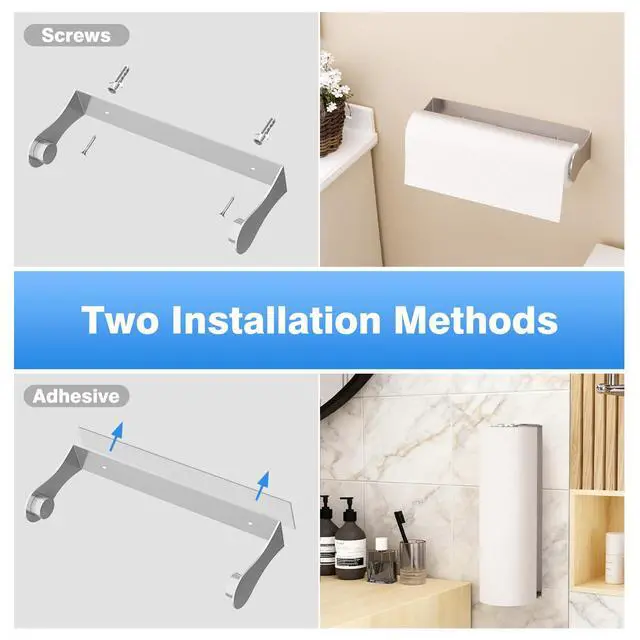Alt view image 6 of 6 - Paper Towel Holder Under Cabinet, Stainless Steel, Adhesive or Screw Mount, Fits Standard & Mega Rolls, Wall Mount Rack for Kitchen, Bathroom, RV, Silver