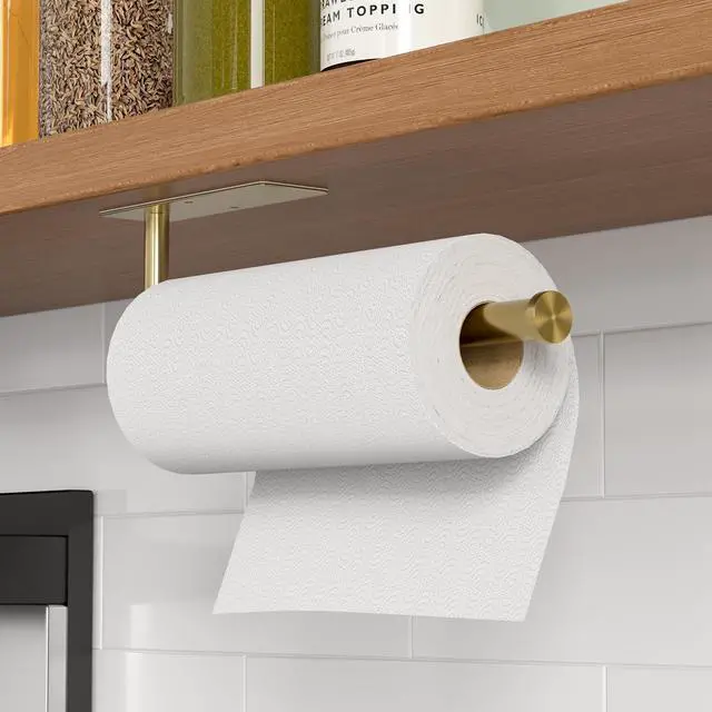 Alt view image 2 of 7 - Paper Towel Holder Under Cabinet, Self-Adhesive,No Drilling, Stainless Steel, Wall-Mounted for Kitchen and Bathroom, Easy Install, Durable, Space-Saving, Ideal for Home, RV (Gold, 1 Pack)