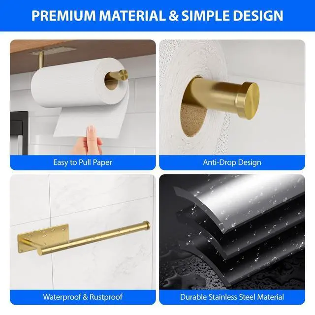 Alt view image 3 of 7 - Paper Towel Holder Under Cabinet, Self-Adhesive,No Drilling, Stainless Steel, Wall-Mounted for Kitchen and Bathroom, Easy Install, Durable, Space-Saving, Ideal for Home, RV (Gold, 1 Pack)