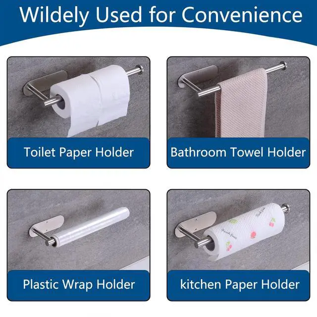 Alt view image 4 of 7 - Paper Towel Holder with 2 Hooks-Under Cabinet Paper Towel Holder for Kitchen, Self-Adhesive or Screws, Space Saving Wall Mounted Kitchen Roll Holder, Bathroom, Stainless Steel Brushed Nickel