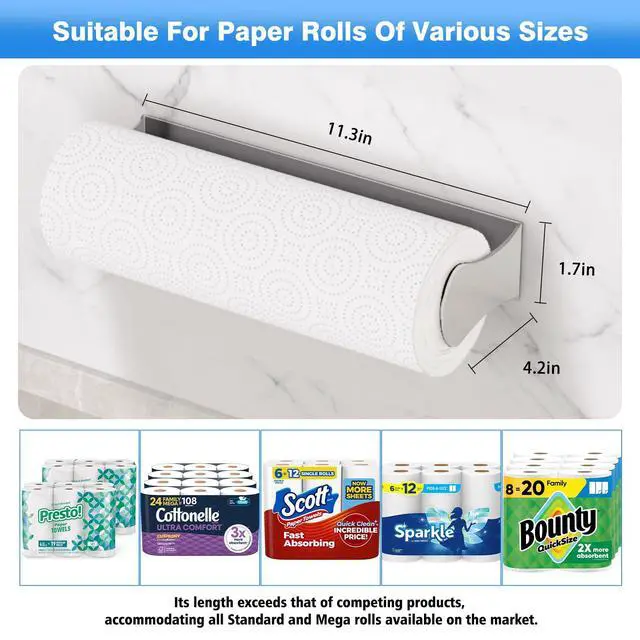 Alt view image 5 of 6 - Paper Towel Holder Under Cabinet, Stainless Steel, Adhesive or Screw Mount, Fits Standard & Mega Rolls, Wall Mount Rack for Kitchen, Bathroom, RV, Silver