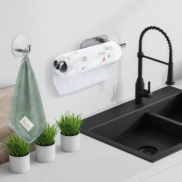 Alt view image 3 of 7 - Paper Towel Holder with 2 Hooks-Under Cabinet Paper Towel Holder for Kitchen, Self-Adhesive or Screws, Space Saving Wall Mounted Kitchen Roll Holder, Bathroom, Stainless Steel Brushed Nickel