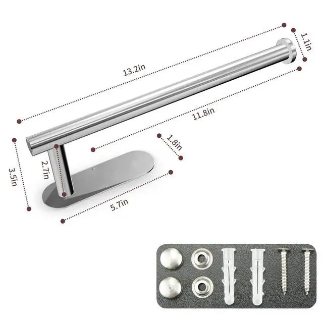 Alt view image 6 of 7 - Paper Towel Holder with 2 Hooks-Under Cabinet Paper Towel Holder for Kitchen, Self-Adhesive or Screws, Space Saving Wall Mounted Kitchen Roll Holder, Bathroom, Stainless Steel Brushed Nickel