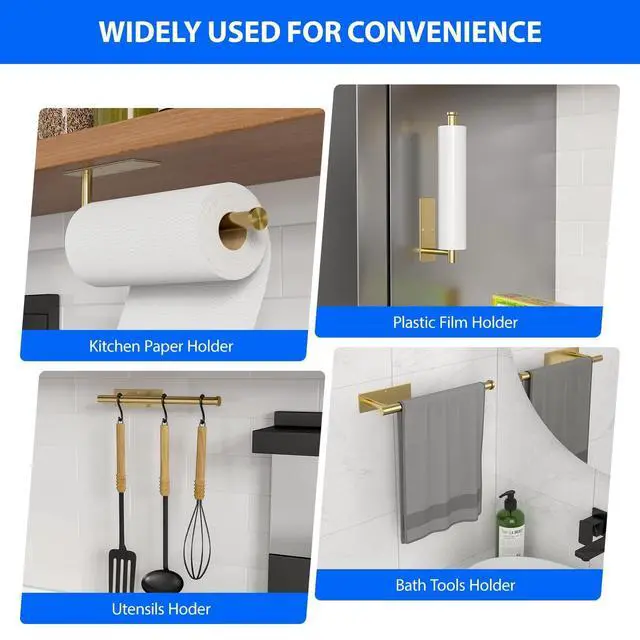 Alt view image 4 of 7 - Paper Towel Holder Under Cabinet, Self-Adhesive,No Drilling, Stainless Steel, Wall-Mounted for Kitchen and Bathroom, Easy Install, Durable, Space-Saving, Ideal for Home, RV (Gold, 1 Pack)
