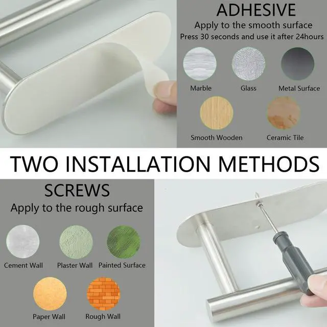 Alt view image 5 of 7 - Paper Towel Holder with 2 Hooks-Under Cabinet Paper Towel Holder for Kitchen, Self-Adhesive or Screws, Space Saving Wall Mounted Kitchen Roll Holder, Bathroom, Stainless Steel Brushed Nickel
