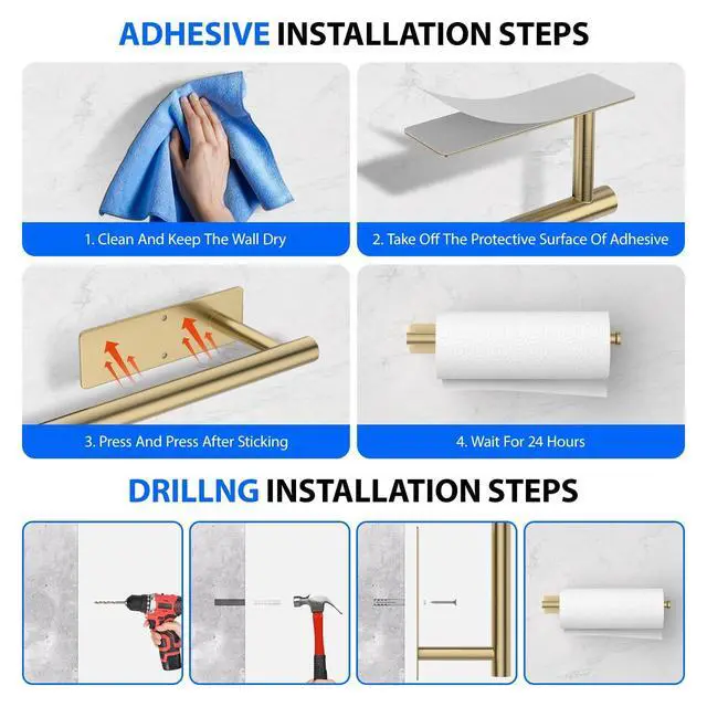 Alt view image 6 of 7 - Paper Towel Holder Under Cabinet, Self-Adhesive,No Drilling, Stainless Steel, Wall-Mounted for Kitchen and Bathroom, Easy Install, Durable, Space-Saving, Ideal for Home, RV (Gold, 1 Pack)