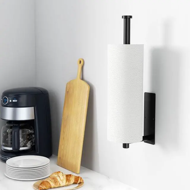 Alt view image 2 of 6 - Paper Towel Holder - Self-Adhesive or Drilling, Matte Black Wall Mounted Rack - SUS304 Stainless Steel Kitchen Roll Dispenser Under Cabinet