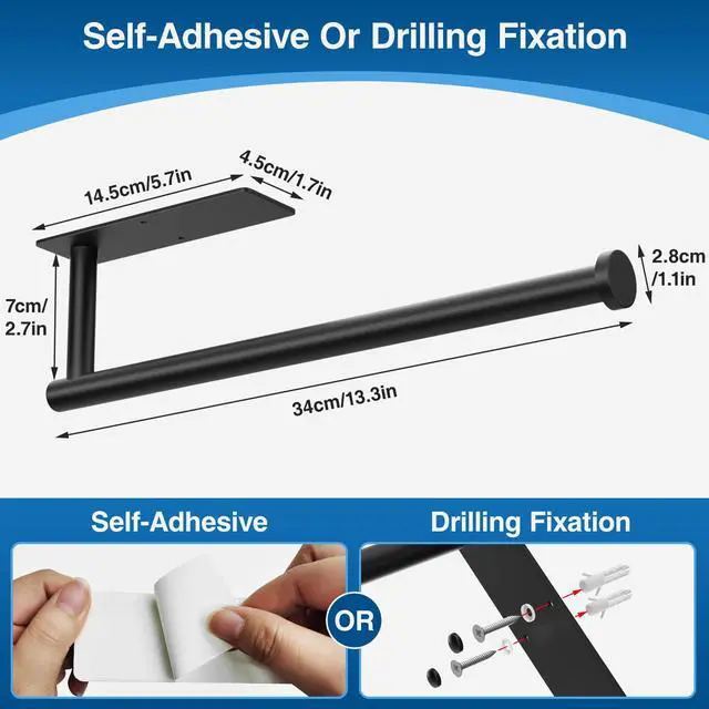 Alt view image 5 of 6 - Paper Towel Holder - Self-Adhesive or Drilling, Matte Black Wall Mounted Rack - SUS304 Stainless Steel Kitchen Roll Dispenser Under Cabinet