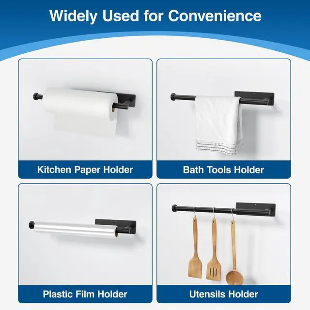Alt view image 4 of 6 - Paper Towel Holder - Self-Adhesive or Drilling, Matte Black Wall Mounted Rack - SUS304 Stainless Steel Kitchen Roll Dispenser Under Cabinet