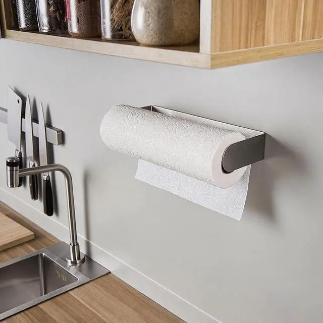 Alt view image 4 of 5 - Adhesive Paper Towel Holder Under Cabinet - Self Adhesive Paper Towel Rack Wall Mount for Kitchen, SUS-304 Stainless Steel Papertowel Holder, Silver