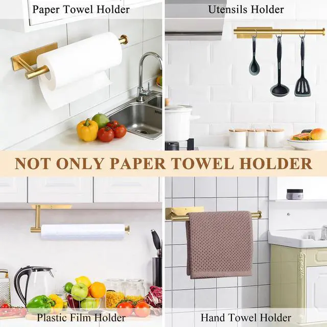 Alt view image 4 of 7 - Gold Paper Towel Holder Under Cabinet, Self Adhesive Paper Towel Roll Holder Stick on Wall, Stainless Steel Towel Paper Holder for Kitchen Bathroom