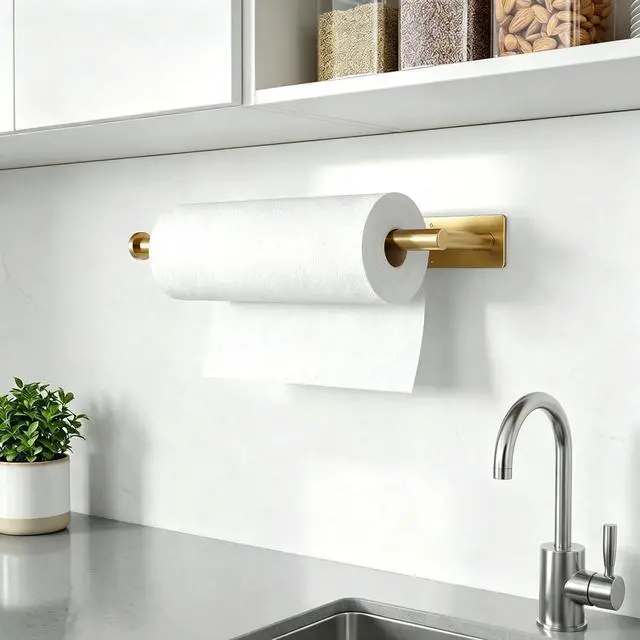 Alt view image 6 of 7 - Gold Paper Towel Holder Under Cabinet, Self Adhesive Paper Towel Roll Holder Stick on Wall, Stainless Steel Towel Paper Holder for Kitchen Bathroom