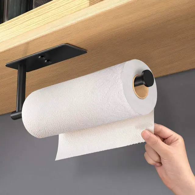 Alt view image 2 of 7 - Self Adhesive Paper Towel Holder Under Cabinet Mount, Wall Mount Paper Towel Roll Rack for Kitchen Cabinet, Bathroom, SUS304 Stainless Steel Black