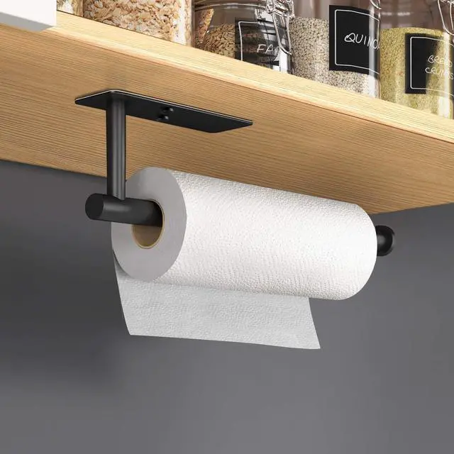 Alt view image 4 of 7 - Self Adhesive Paper Towel Holder Under Cabinet Mount, Wall Mount Paper Towel Roll Rack for Kitchen Cabinet, Bathroom, SUS304 Stainless Steel Black