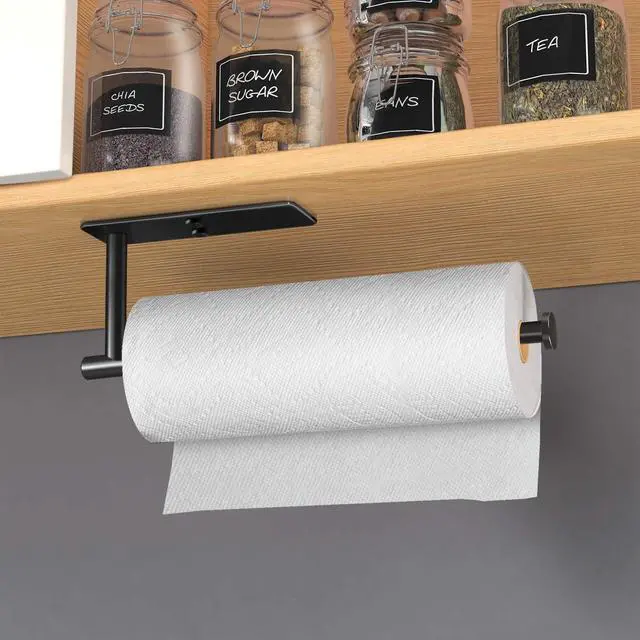 Alt view image 5 of 7 - Self Adhesive Paper Towel Holder Under Cabinet Mount, Wall Mount Paper Towel Roll Rack for Kitchen Cabinet, Bathroom, SUS304 Stainless Steel Black