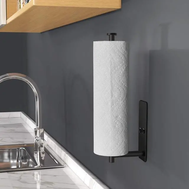 Alt view image 6 of 7 - Self Adhesive Paper Towel Holder Under Cabinet Mount, Wall Mount Paper Towel Roll Rack for Kitchen Cabinet, Bathroom, SUS304 Stainless Steel Black