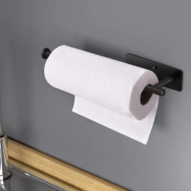 Alt view image 7 of 7 - Self Adhesive Paper Towel Holder Under Cabinet Mount, Wall Mount Paper Towel Roll Rack for Kitchen Cabinet, Bathroom, SUS304 Stainless Steel Black