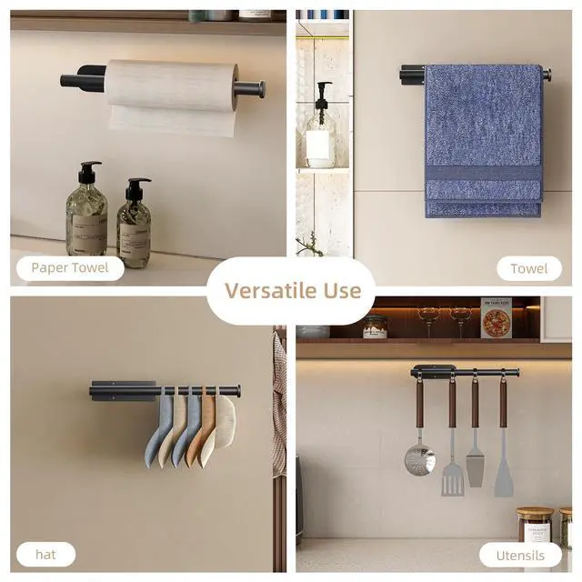 Alt view image 6 of 7 - Paper Towel Holder, Improved Premium Paper Towel Holder Under Cabinet, Stainless Steel Paper Towel Holders Rack for Kitchen, Bathroom, Pantry, Fridge, Adhesive or Drilling, Black