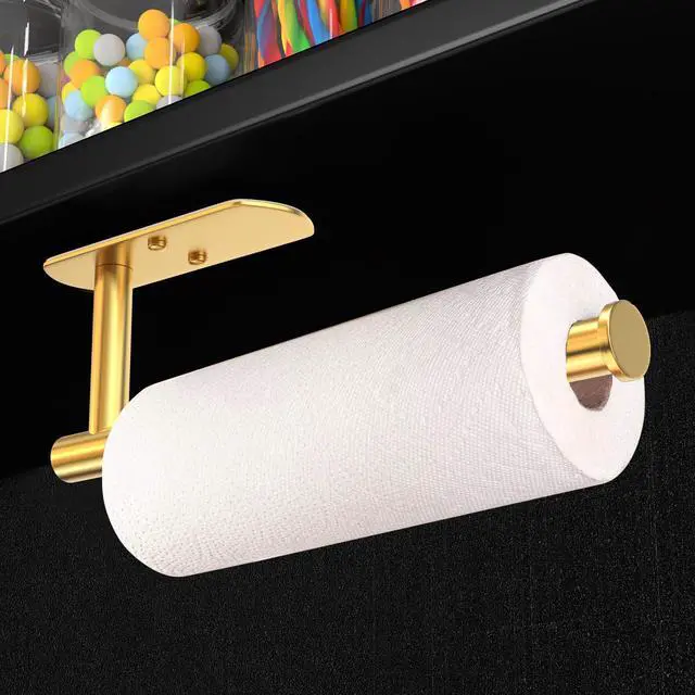 Alt view image 2 of 7 - Adhesive Paper Towel Holder Under Cabinet Wall Mount for Kitchen Paper Towel, Paper Towel Roll Holder Stick to Wall, Stainless Steel (Gold)