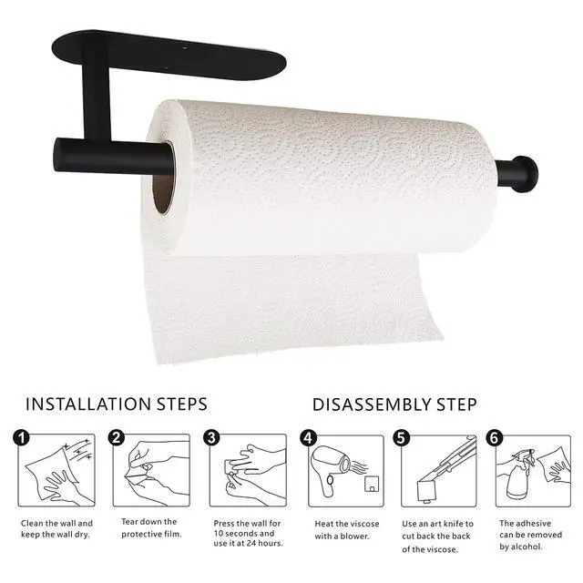 Alt view image 6 of 6 - Paper Towel Holders-Blcak,Paper Towels Rolls - for Kitchen,Paper Bulk- Self-Adhesive Under Cabinet,Both Available in Adhesive and Screws,Stainless Steel