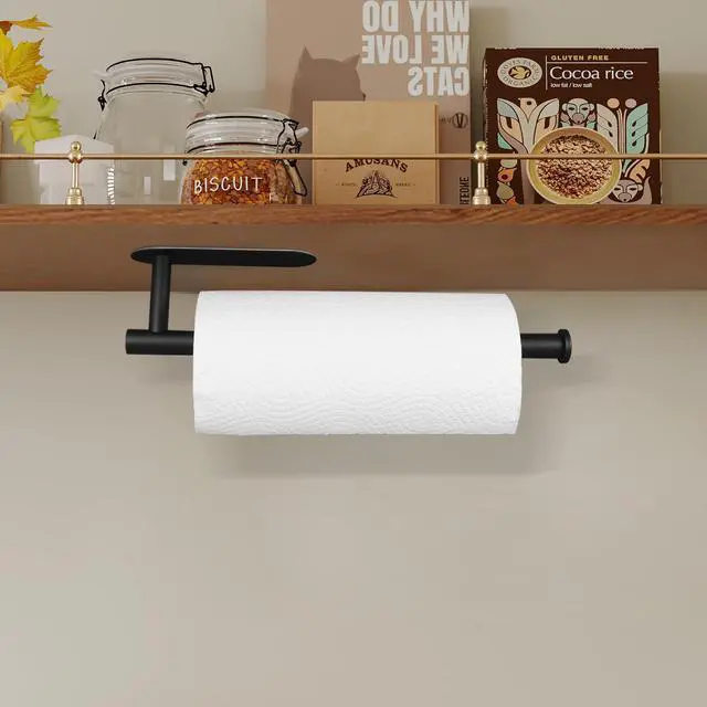 Alt view image 2 of 7 - Paper Towel Holder, Black Paper Towel Holder Under Cabinet, Self-Adhesive or Drilling, Wall Mount Paper Towel Rack for Kitchen, SUS304 Stainless Steel
