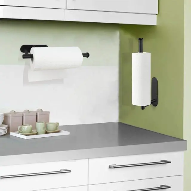 Alt view image 3 of 7 - Paper Towel Holder, Black Paper Towel Holder Under Cabinet, Self-Adhesive or Drilling, Wall Mount Paper Towel Rack for Kitchen, SUS304 Stainless Steel