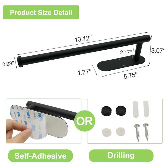 Alt view image 4 of 7 - Paper Towel Holder, Black Paper Towel Holder Under Cabinet, Self-Adhesive or Drilling, Wall Mount Paper Towel Rack for Kitchen, SUS304 Stainless Steel