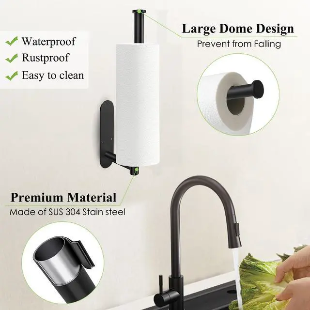 Alt view image 5 of 7 - Paper Towel Holder, Black Paper Towel Holder Under Cabinet, Self-Adhesive or Drilling, Wall Mount Paper Towel Rack for Kitchen, SUS304 Stainless Steel