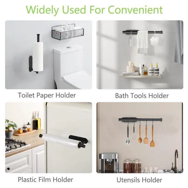Alt view image 6 of 7 - Paper Towel Holder, Black Paper Towel Holder Under Cabinet, Self-Adhesive or Drilling, Wall Mount Paper Towel Rack for Kitchen, SUS304 Stainless Steel