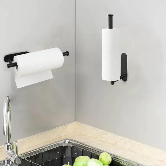 Alt view image 7 of 7 - Paper Towel Holder, Black Paper Towel Holder Under Cabinet, Self-Adhesive or Drilling, Wall Mount Paper Towel Rack for Kitchen, SUS304 Stainless Steel