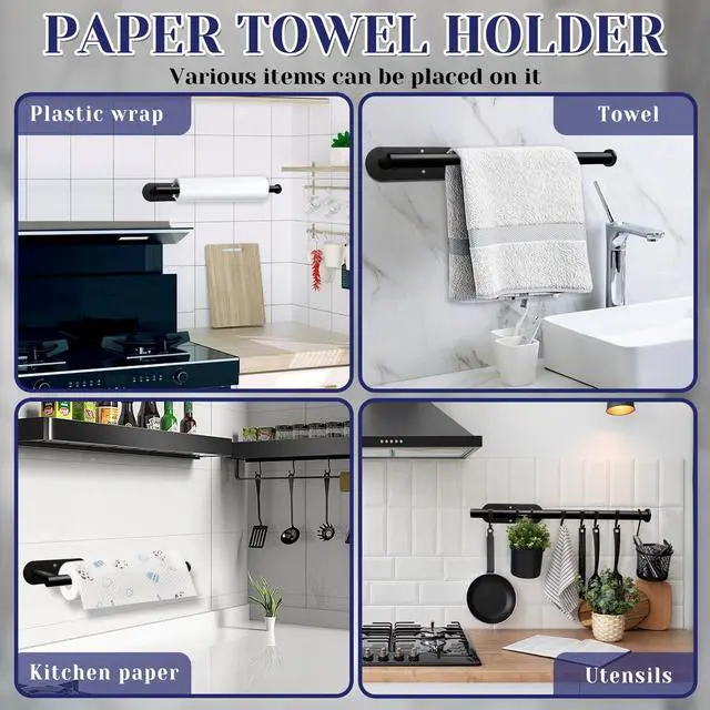 Alt view image 2 of 7 - Paper Towel Holder, Self Adhesive or Drilling Paper Towel Holder Under Cabinet, Stainless Steel Black Paper Towel Holders Wall Mount for Kitchen, Bathroom, Sink, Pantry, Fridge