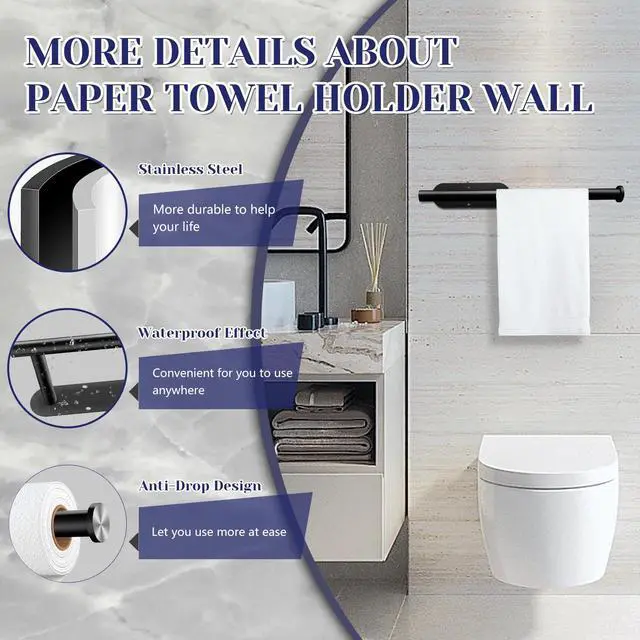 Alt view image 3 of 7 - Paper Towel Holder, Self Adhesive or Drilling Paper Towel Holder Under Cabinet, Stainless Steel Black Paper Towel Holders Wall Mount for Kitchen, Bathroom, Sink, Pantry, Fridge