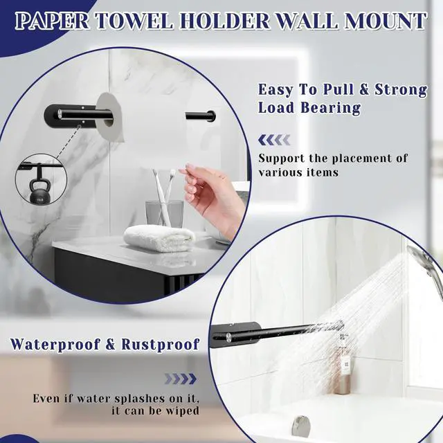 Alt view image 4 of 7 - Paper Towel Holder, Self Adhesive or Drilling Paper Towel Holder Under Cabinet, Stainless Steel Black Paper Towel Holders Wall Mount for Kitchen, Bathroom, Sink, Pantry, Fridge