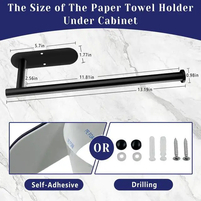 Alt view image 7 of 7 - Paper Towel Holder, Self Adhesive or Drilling Paper Towel Holder Under Cabinet, Stainless Steel Black Paper Towel Holders Wall Mount for Kitchen, Bathroom, Sink, Pantry, Fridge
