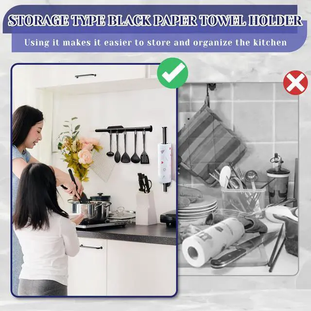 Alt view image 6 of 7 - Paper Towel Holder, Self Adhesive or Drilling Paper Towel Holder Under Cabinet, Stainless Steel Black Paper Towel Holders Wall Mount for Kitchen, Bathroom, Sink, Pantry, Fridge