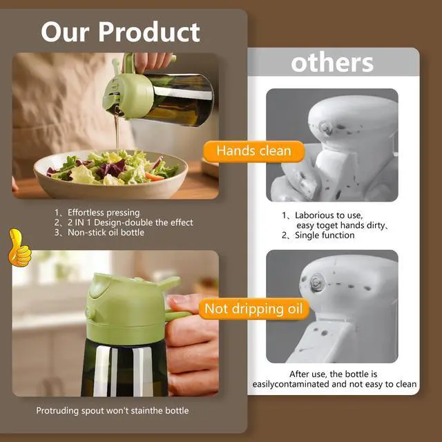 Alt view image 6 of 7 - Olive Oil Dispenser and Oil Sprayer 16oz/470ml Glass Light-Proof Oil Pourer for Kitchen Air Fryer, Cooking, Salad, and BBQ, with Stickers