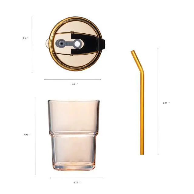 Alt view image 2 of 7 - 13oz/400ml Tumbler Water Glass, Cups with Straw and Lid Sealed Carry on for Coffee, Iced Tea, Thick Wall Insulated Glass Cup (Amber)